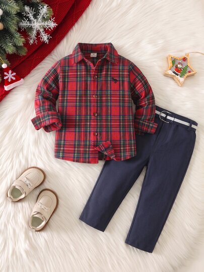 SHEIN 2pcs Boys Gentleman Outfit, Burgundy Plaid Long Sleeve Shirt And Navy Blue Suit Pants, Simple Casual Style, Suitable For Daily Wear, Birthday Party, Wedding, Halloween, Christmas, Thanksgiving Celebration, Formal Occasion, Performance Fashion Set