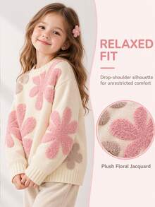 SHEIN 青少年女孩休閒可愛仙女風寬鬆花卉印花套頭毛衣，3D花朵設計，適合秋季告別式、粉色花卉校園正式場合 - 彩色 - 查看 6