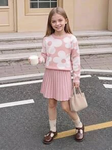 SHEIN Tween Girl) Sweater Set, Sesame Bottom Jacquard Round Neck Pullover With Pleated Skirt, Knitted Sweater Set, Soft And Comfortable, Suitable For Daily Wear, Outings, Travel, Vacation, Daycare, And Play - Pink - View 10