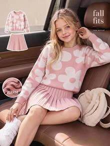 SHEIN Tween Girl) Sweater Set, Sesame Bottom Jacquard Round Neck Pullover With Pleated Skirt, Knitted Sweater Set, Soft And Comfortable, Suitable For Daily Wear, Outings, Travel, Vacation, Daycare, And Play - Pink - View 9