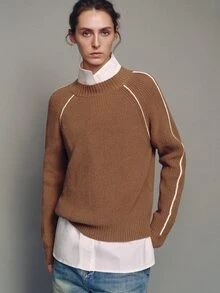 MOTF PREMIUM Round Neck Contrast Trim Pullover Sweater, Autumn/Winter - Khaki - View 3