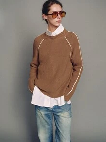 MOTF PREMIUM Round Neck Contrast Trim Pullover Sweater, Autumn/Winter - Khaki - View 6