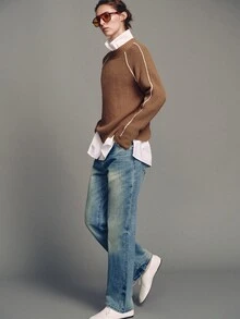 MOTF PREMIUM Round Neck Contrast Trim Pullover Sweater, Autumn/Winter - Khaki - View 5