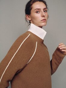 MOTF PREMIUM Round Neck Contrast Trim Pullover Sweater, Autumn/Winter - Khaki - View 7