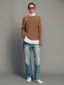 MOTF PREMIUM Round Neck Contrast Trim Pullover Sweater, Autumn/Winter - Khaki - View 4