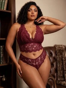 SHEIN Plus Size Women's Floral Lace Back Faux Pearl Decor Lingerie Set - Burgundy - View 4