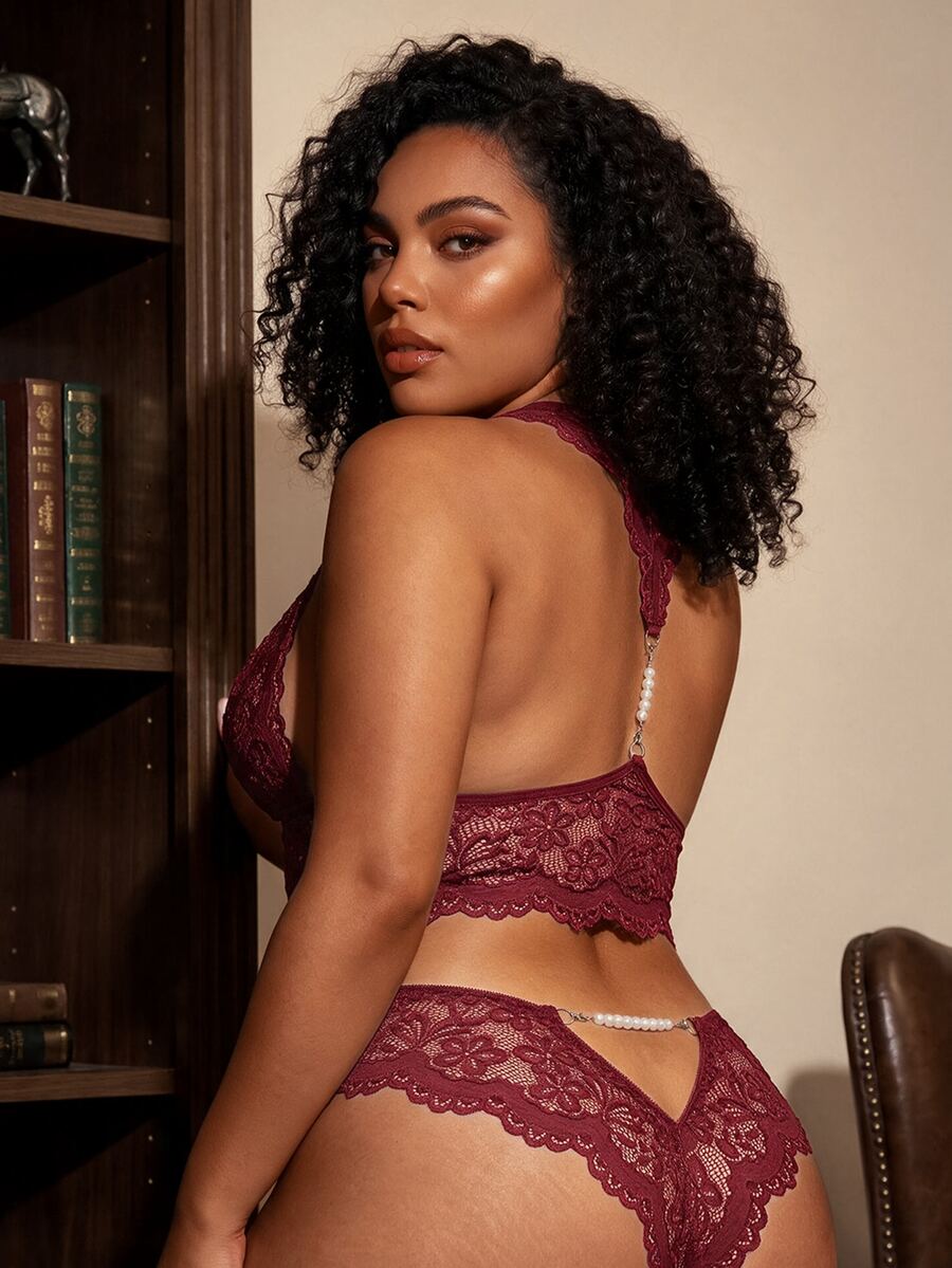 SHEIN Plus Size Women's Floral Lace Back Faux Pearl Decor Lingerie Set - Burgundy - View 1