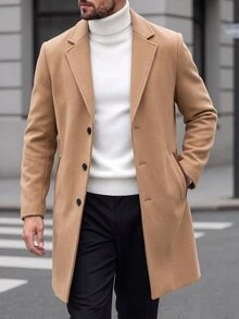 Manfinity Homme Men's Solid Color Pocket Button Front Long Sleeve Overcoat, Autumn Fall, Winter Ceremony Office Work Camel Casual Elegant - Khaki - View 1
