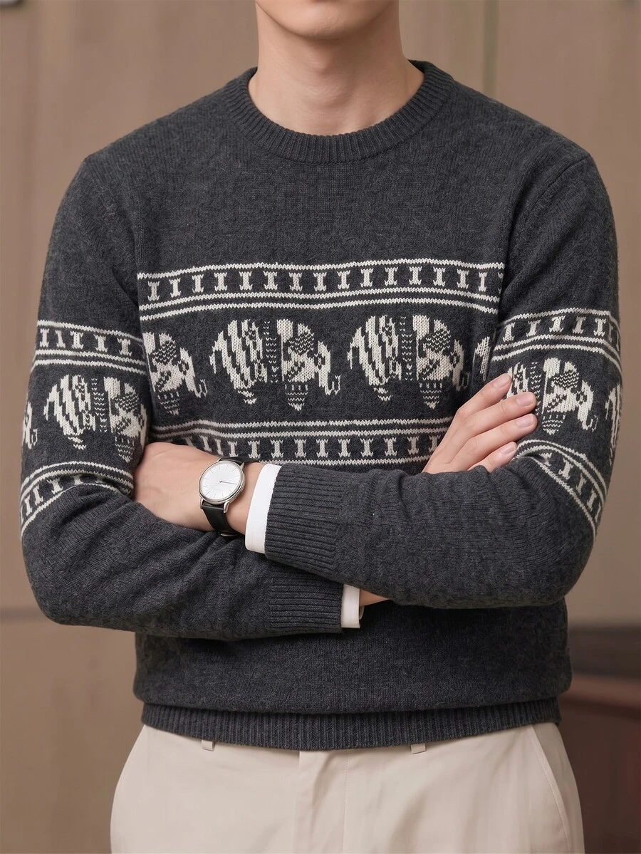 Manfinity Homme 男士圓領懶人長袖套頭毛衣,休閒提花秋冬款,寬鬆時尚日常穿搭百搭動物圖案套頭毛衣,老錢風 - 深灰色 - 查看 1