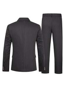 Manfinity Mode Bizformal Dark Gray Striped Peak Lapel Men's Vintage Slim Fit Double Breasted Commuter Formal Business Casual Suit Set - Dark Grey - View 2