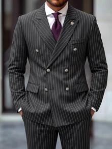 Manfinity Mode Bizformal Dark Gray Striped Peak Lapel Men's Vintage Slim Fit Double Breasted Commuter Formal Business Casual Suit Set - Dark Grey - View 1