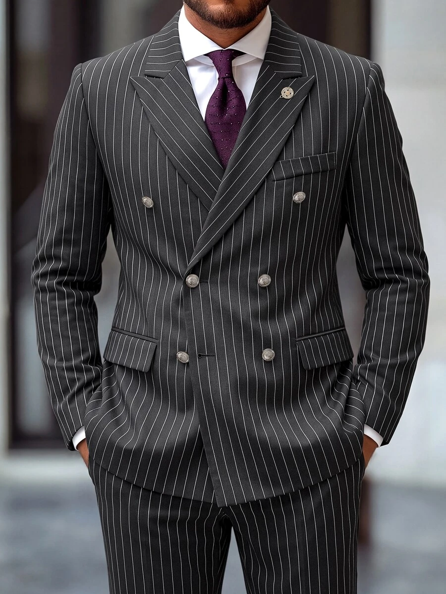 Manfinity Mode Bizformal Dark Gray Striped Peak Lapel Men's Vintage Slim Fit Double Breasted Commuter Formal Business Casual Suit Set - Dark Grey - View 1