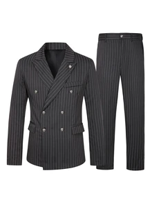 Manfinity Mode Bizformal Dark Gray Striped Peak Lapel Men's Vintage Slim Fit Double Breasted Commuter Formal Business Casual Suit Set - Dark Grey - View 5