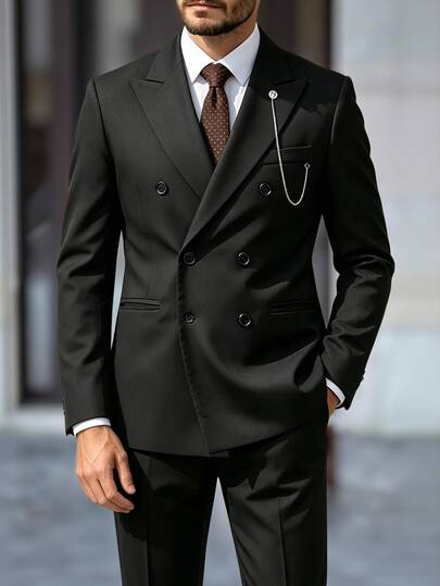 Manfinity Mode Men's Black Luxury Double-Breasted Suit Set, Peak Lapel Silver Chain Decor 2 Pieces Set