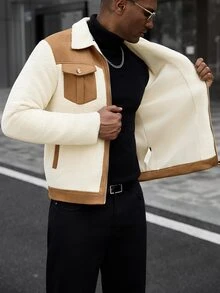 Manfinity CasualCool 男士卡其色拼接羊羔絨領休閒通勤拉鍊夾克 - 卡其色 - 查看 7