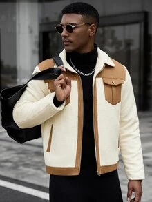 Manfinity CasualCool 男士卡其色拼接羊羔絨領休閒通勤拉鍊夾克 - 卡其色 - 查看 3