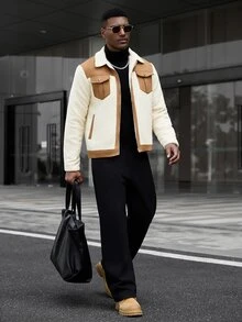 Manfinity CasualCool 男士卡其色拼接羊羔絨領休閒通勤拉鍊夾克 - 卡其色 - 查看 6