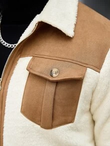 Manfinity CasualCool 男士卡其色拼接羊羔絨領休閒通勤拉鍊夾克 - 卡其色 - 查看 4