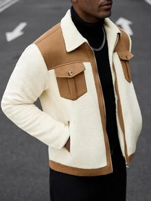 Manfinity CasualCool 男士卡其色拼接羊羔絨領休閒通勤拉鍊夾克 - 卡其色 - 查看 1