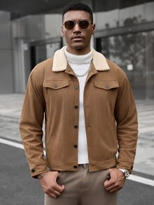 Manfinity CasualCool Men's Brown Corduroy Fur Collar Classic Versatile Autumn/Winter Casual Jacket, Suitable For Commuting, Business, Home, Outdoor And Daily Wear - Brown - View 5
