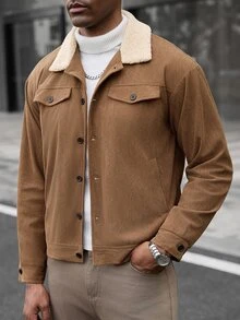 Manfinity CasualCool Men's Brown Corduroy Fur Collar Classic Versatile Autumn/Winter Casual Jacket, Suitable For Commuting, Business, Home, Outdoor And Daily Wear - Brown - View 4