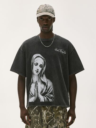 Baseblock Men Cotton Washed Streetwear Black Letter Graphic Short Sleeve Tee