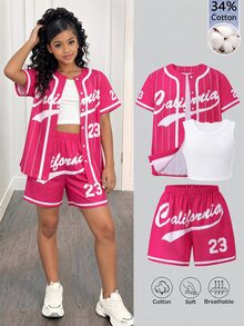 SHEIN Sparklyn 34Cotton Girls' Pink White Striped Vintage Cool Girl Athletic Band Letter Print Loose Jacket Spaghetti Strap Fitted Tank Top And Shorts Jogging Summer - Multicolor - View 2