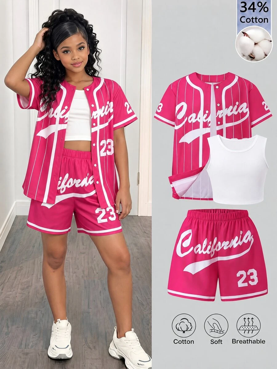 SHEIN Sparklyn 34Cotton Girls' Pink White Striped Vintage Cool Girl Athletic Band Letter Print Loose Jacket Spaghetti Strap Fitted Tank Top And Shorts Jogging Summer
