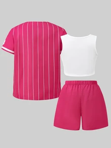 SHEIN Sparklyn 34Cotton Girls' Pink White Striped Vintage Cool Girl Athletic Band Letter Print Loose Jacket Spaghetti Strap Fitted Tank Top And Shorts Jogging Summer - Multicolor - View 3