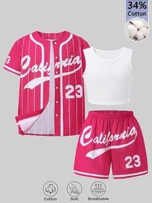 SHEIN Sparklyn 34Cotton Girls' Pink White Striped Vintage Cool Girl Athletic Band Letter Print Loose Jacket Spaghetti Strap Fitted Tank Top And Shorts Jogging Summer - Multicolor - View 12