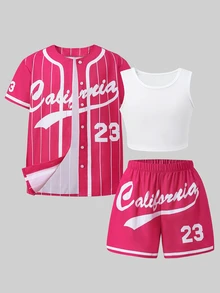 SHEIN Sparklyn 34Cotton Girls' Pink White Striped Vintage Cool Girl Athletic Band Letter Print Loose Jacket Spaghetti Strap Fitted Tank Top And Shorts Jogging Summer - Multicolor - View 11