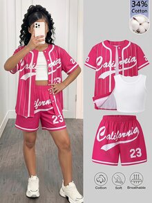 SHEIN Sparklyn 34Cotton Girls' Pink White Striped Vintage Cool Girl Athletic Band Letter Print Loose Jacket Spaghetti Strap Fitted Tank Top And Shorts Jogging Summer - Multicolor - View 4
