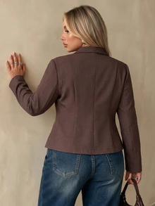 Auralis Autumn/Winter New Chinese Style Frog Button Decor Cinched Waist Brown Plus Size Blazer/Elegant Commute Daily, Fall/Winter, Thanksgiving, New Year - Brown - View 3