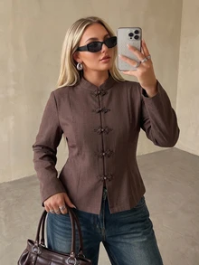 Auralis Autumn/Winter New Chinese Style Frog Button Decor Cinched Waist Brown Plus Size Blazer/Elegant Commute Daily, Fall/Winter, Thanksgiving, New Year - Brown - View 7