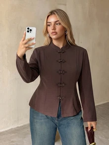 Auralis Autumn/Winter New Chinese Style Frog Button Decor Cinched Waist Brown Plus Size Blazer/Elegant Commute Daily, Fall/Winter, Thanksgiving, New Year - Brown - View 4