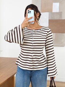SHEIN Frenchy Plus Size Women's Striped Casual Everyday Outing Shirt Casual Thanksgiving Day Striped Shirt For Women Fall/Winter Casual New Year Blouse For Women - Multicolor - View 1