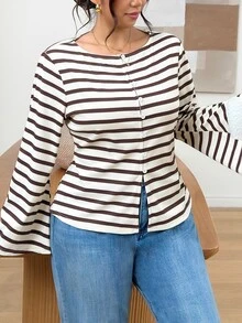 SHEIN Frenchy Plus Size Women's Striped Casual Everyday Outing Shirt Casual Thanksgiving Day Striped Shirt For Women Fall/Winter Casual New Year Blouse For Women - Multicolor - View 4