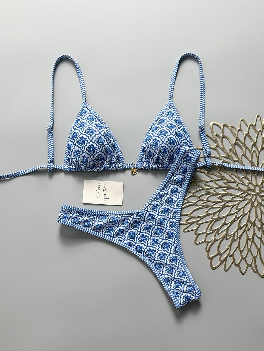 SHEIN Swim 女士夏季随机花卉细肩带性感比基尼套装 - 藍白色 - 查看 1