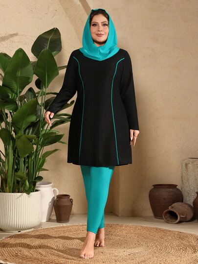 SHEIN Swim مجموعة بوركيني للسباحة للمرأة بحجم كبير، ملابس عطلة نهاية الأسبوع، بوركيني أبايا مع حجاب، ملابس للنساء، ملابس سباحة محتشمة بحجم كبير، ملابس سباحة كاملة التغطية، لون أزرق مائي