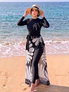 Swim Mulvari Swim Shayni 女款荷葉邊長袖 3 件式泳衣套裝，黑白印花罩衫裙沙灘布基尼 - 黑與白 - 查看 4