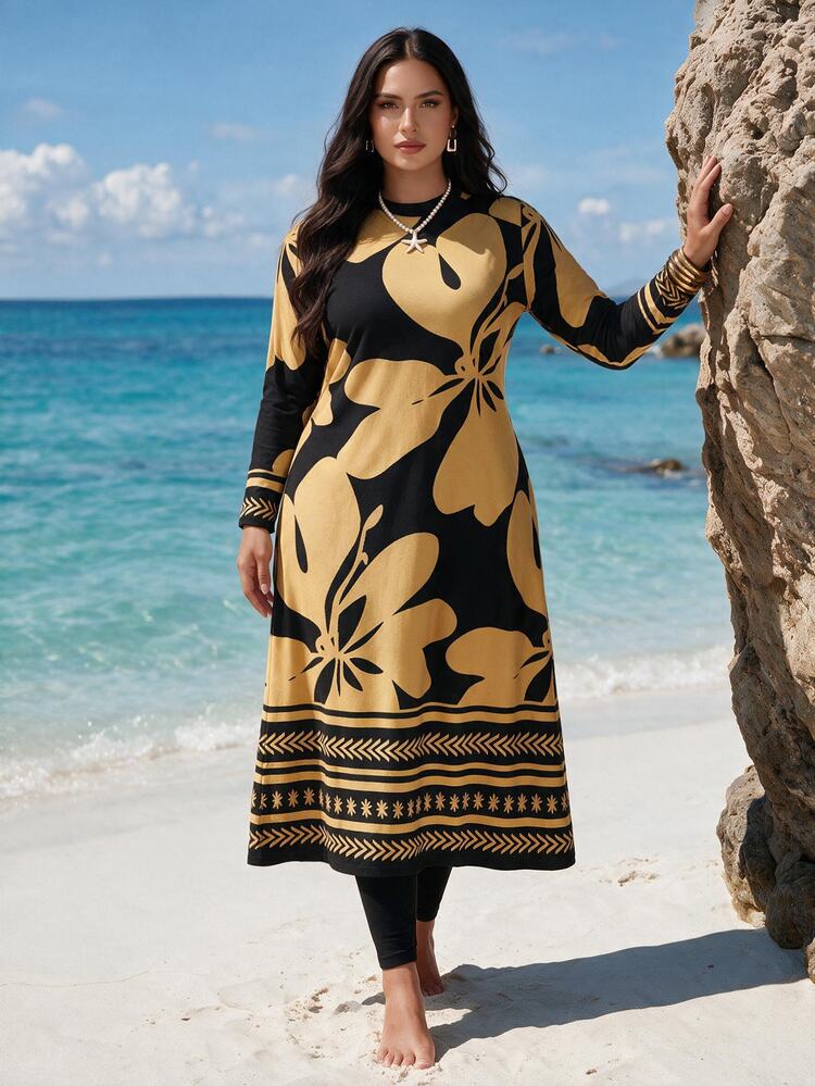 SHEIN Swim Plus Size Women 3pcs/Set Random Print Modest 1960s 1920s Elegant Long Sleeve Rash Guard Burkini Swimwear Set Beach Gym Vacation Black White Summer - Apricot - View 2