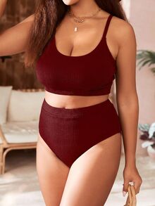 SHEIN Swim 2026 New Minimalist Basic Off Shoulder Modest Summer Holiday Plus Size Women Casual Bikini Set Beach Vacation Holiday Party Pool Party Burgundy - Burgundy - View 4