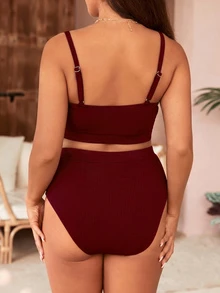 SHEIN Swim 2026 New Minimalist Basic Off Shoulder Modest Summer Holiday Plus Size Women Casual Bikini Set Beach Vacation Holiday Party Pool Party Burgundy - Burgundy - View 2