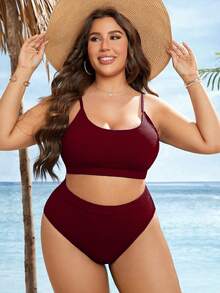 SHEIN Swim 2026 New Minimalist Basic Off Shoulder Modest Summer Holiday Plus Size Women Casual Bikini Set Beach Vacation Holiday Party Pool Party Burgundy - Burgundy - View 1