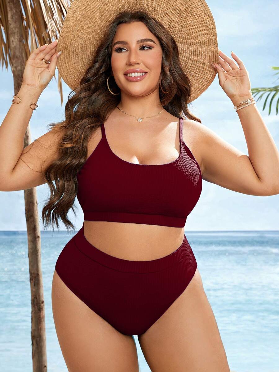 SHEIN Swim 2026 New Minimalist Basic Off Shoulder Modest Summer Holiday Plus Size Women Casual Bikini Set Beach Vacation Holiday Party Pool Party Burgundy - Burgundy - View 1