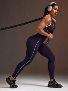 Powerista Women's Deep Back Criss-Cross Strap Style Cropped Pullover Deep Purple & Pink Colorblock Sports Jumpsuit - Bold Plum - View 6