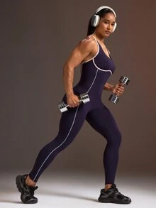 Powerista Women's Deep Back Criss-Cross Strap Style Cropped Pullover Deep Purple & Pink Colorblock Sports Jumpsuit - Bold Plum - View 4