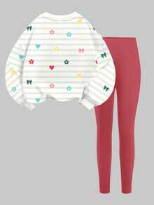 Tween Girls Casual Minimalist Striped Polka Dot Bow Flower Heart Print Cream Style Round Neck Drop Shoulder Sweatshirt & Slim Fit Leggings 2pcs Set Daily Wear Cozy Fall & Winter Styles, Fall New Style, Back To School - Multicolor - View 4