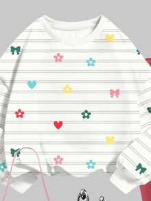 Tween Girls Casual Minimalist Striped Polka Dot Bow Flower Heart Print Cream Style Round Neck Drop Shoulder Sweatshirt & Slim Fit Leggings 2pcs Set Daily Wear Cozy Fall & Winter Styles, Fall New Style, Back To School - Multicolor - View 5