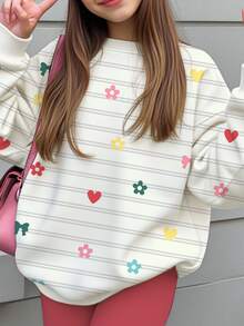 Tween Girls Casual Minimalist Striped Polka Dot Bow Flower Heart Print Cream Style Round Neck Drop Shoulder Sweatshirt & Slim Fit Leggings 2pcs Set Daily Wear Cozy Fall & Winter Styles, Fall New Style, Back To School - Multicolor - View 7